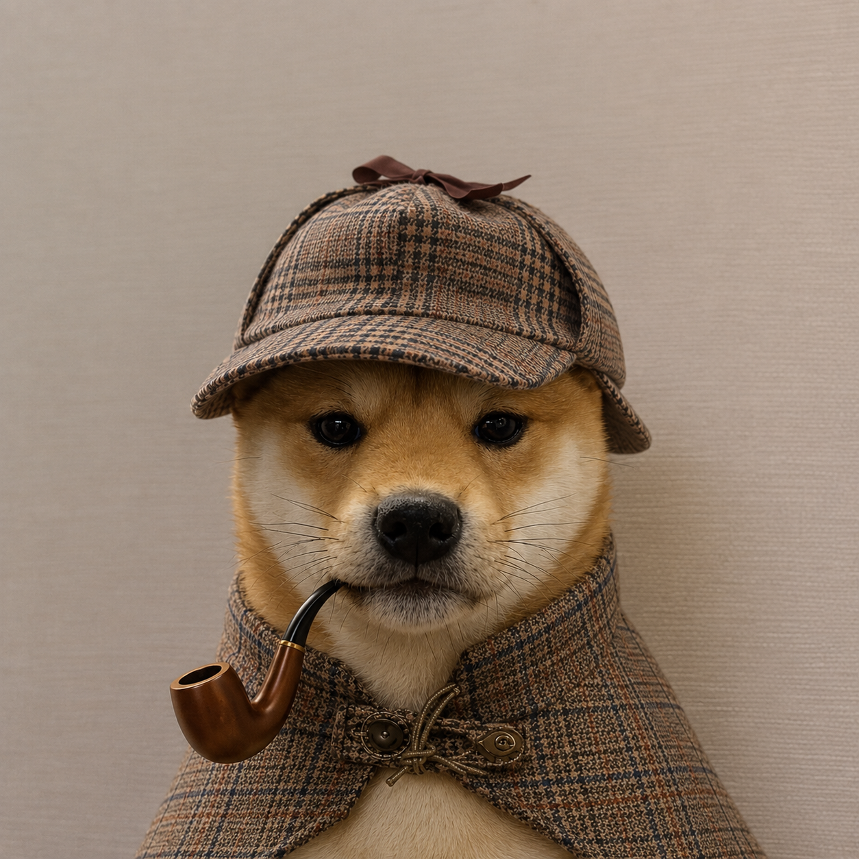 Shiba Inu dressed as a classic detective with a plaid cap, cape and pipe